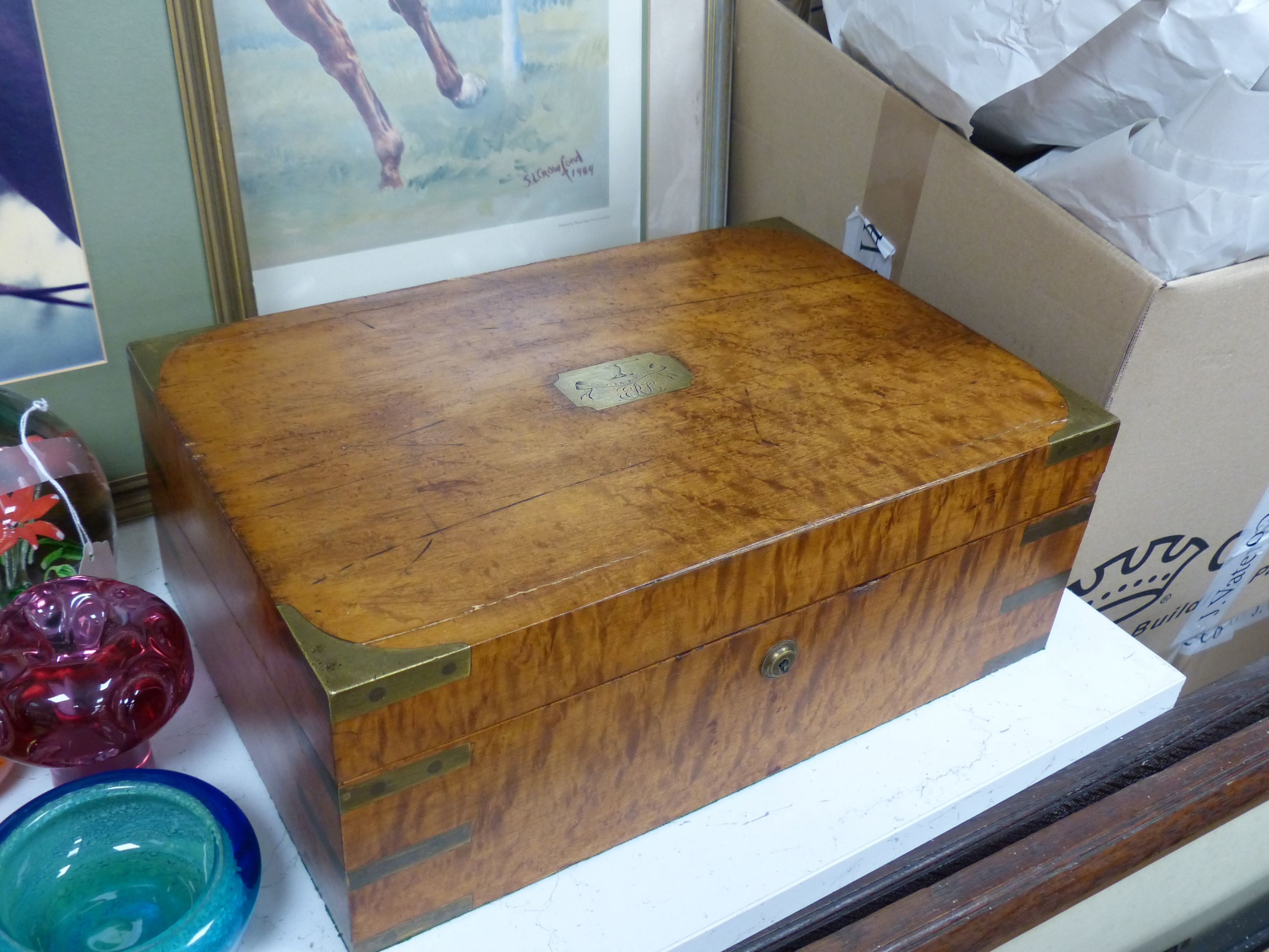 A Victorian bird's eye maple writing slope, 40cm